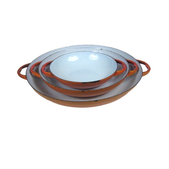 Set of 3 MCM Enamel Nesting Sauté Pans Orange Mid Century Modern CHIPS - Picture 5 of 13